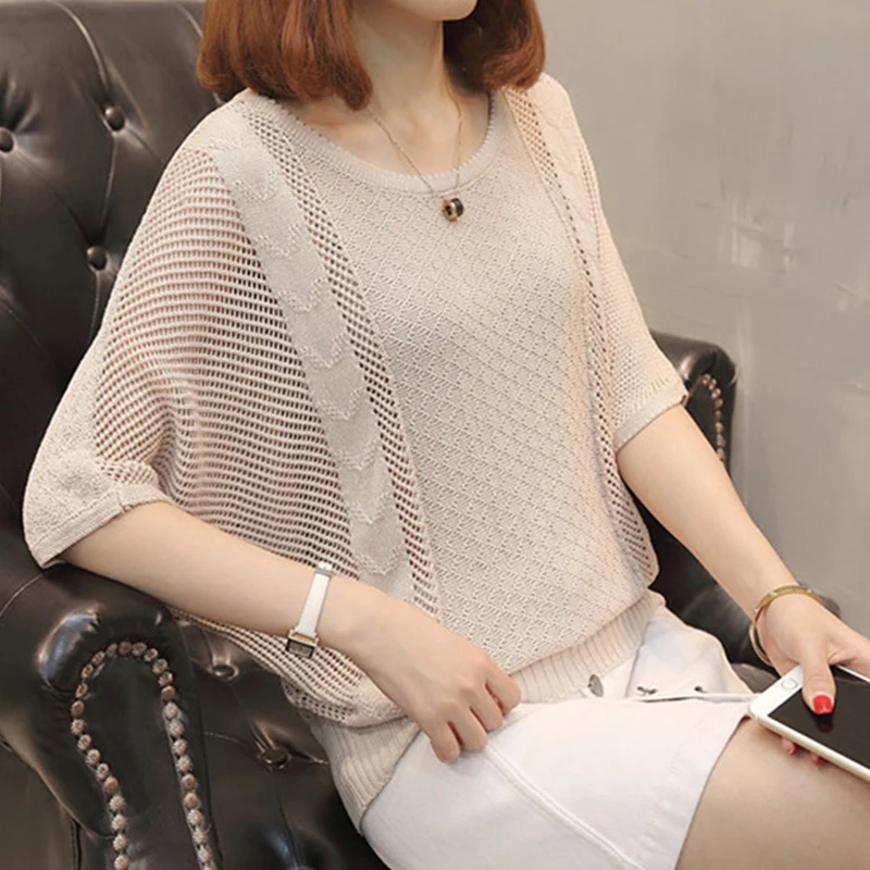 Women Summer Spring Sweater Hollow Out O-neck Transparent Female Jumper Bat Sleeve Ladies Pullover Loose | Женская одежда