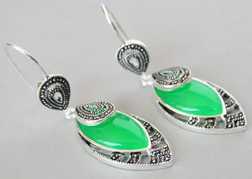 FREE SHIPPING&gt&gt&gt VINTAGE 925 STERLING SILVER NANTURAL GREEN JADE MARCASITE EARRINGS | Украшения и аксессуары