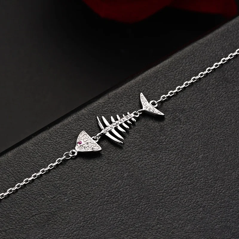OMHXZJ Wholesale Personality Fashion OL Woman Girl Party Gift White Fish Bone Zircon Thin 925 Sterling Silver Bracelet BR104 | Украшения и