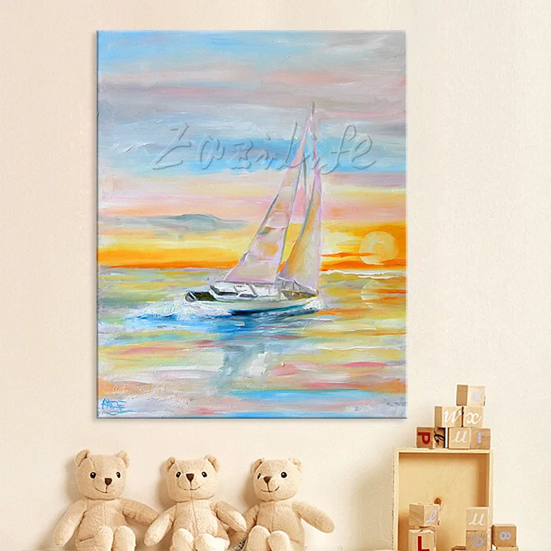 Абстрактная картина маслом ручная роспись лодка корабль парусный спорт холст