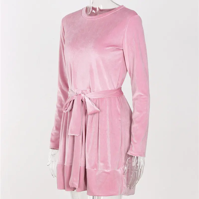 2017 женское бархатное платье зимнее Повседневное с длинным рукавом и поясом