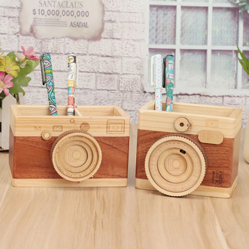 

Creative Retro Camera Double Layer Pen Holder Gift Original Wooden Learning Stationery Large Pen Holder Ornaments