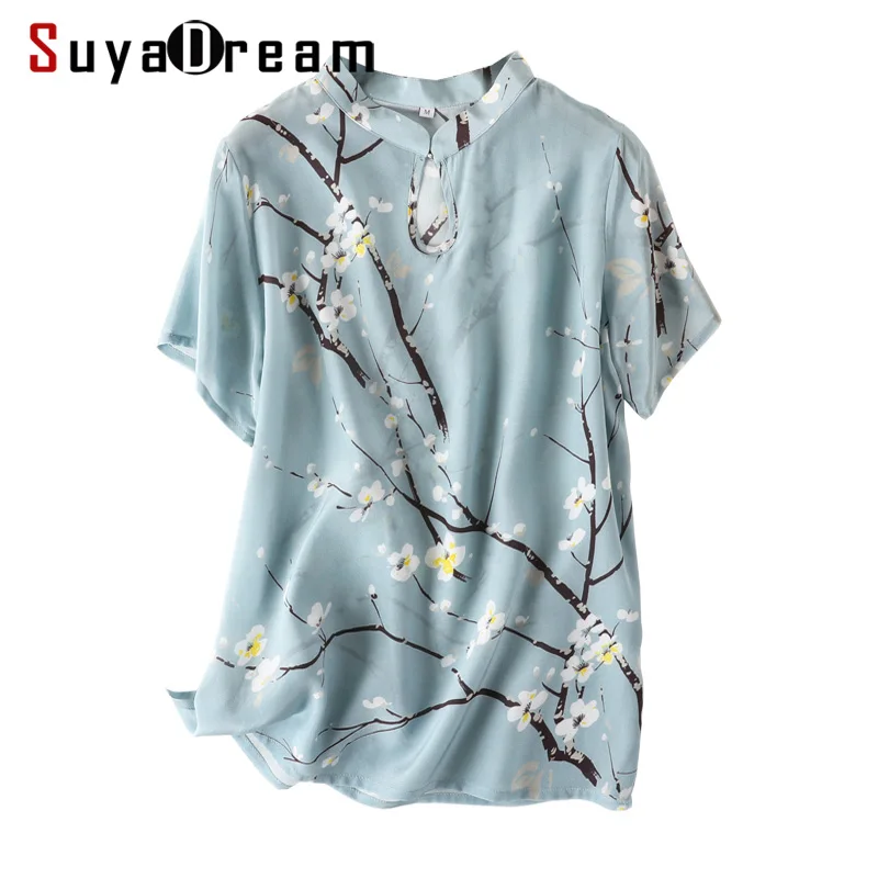 

Women Floral Print Blouse 100% REAL SILK Crepe Short Sleeved Blouse Shirt Chinese Style 2020 Summer Shirt Pink