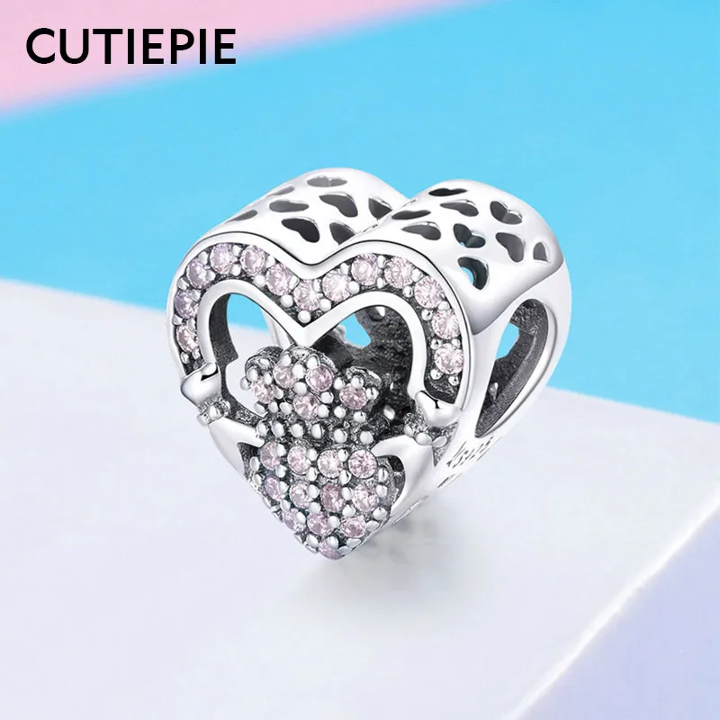 CUTIEPIE новые реальные 925 пробы Серебряное сердце форма прозрачный розовый CZ бусины
