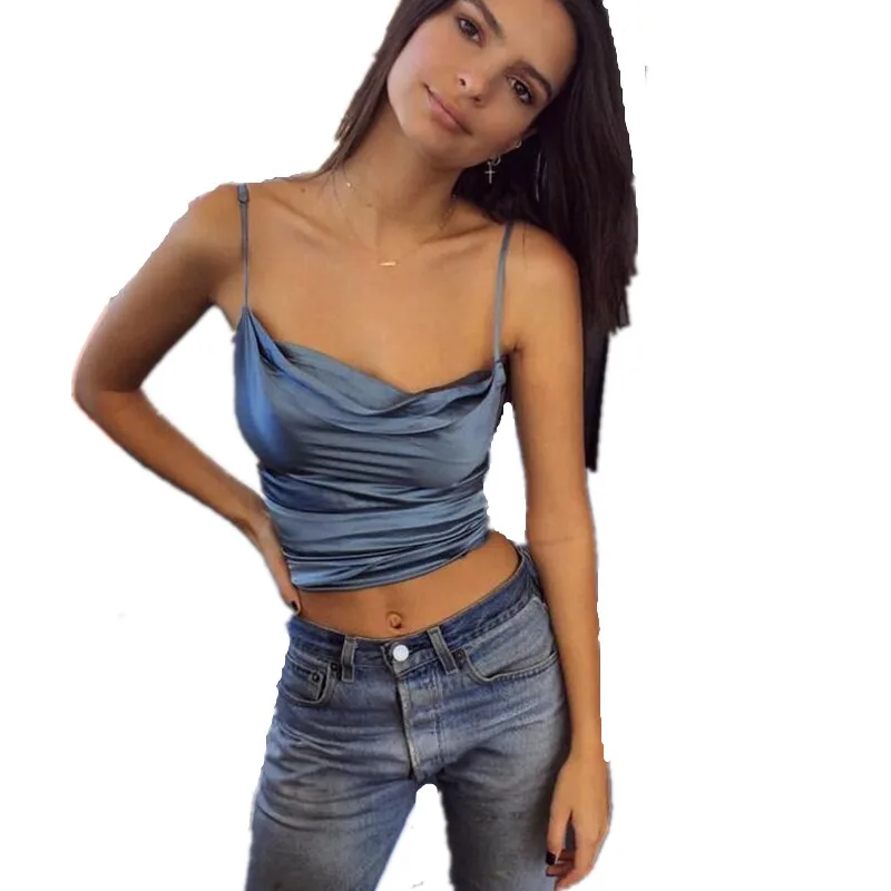 2017 New Ladies Sexy Simple Solid Blue Santin Silk Camis Tank Top Date Party Street Style | Женская одежда