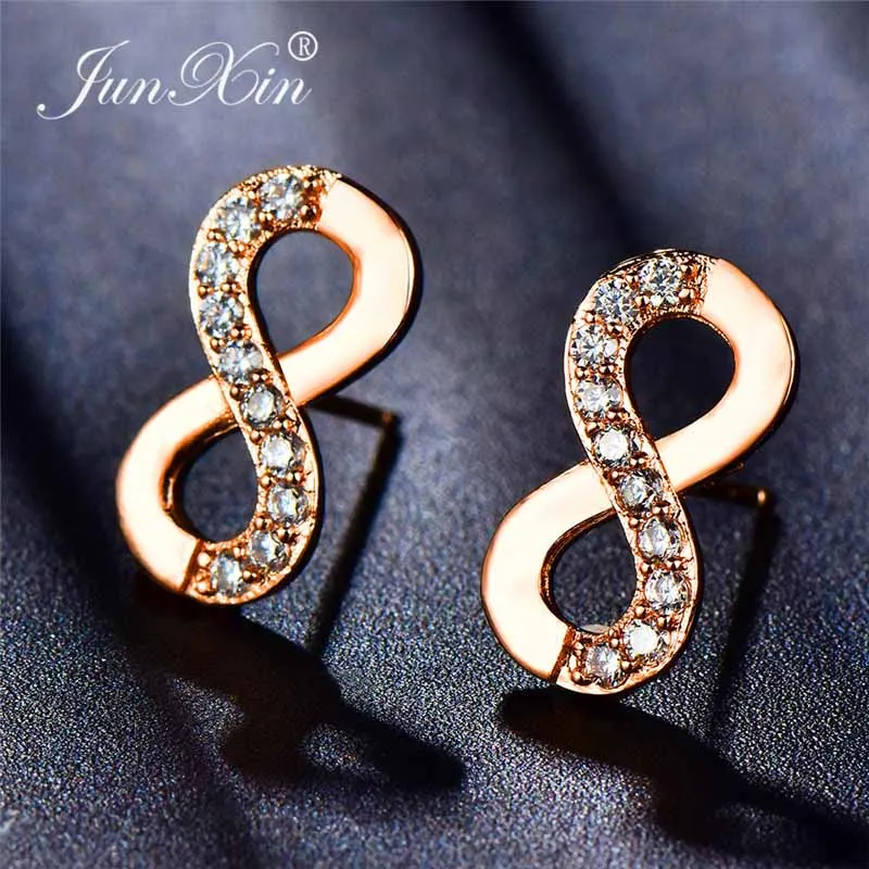 Rose Gold Earrings JUNXIN женские и мужские серьги-гвоздики с буквами для женщин, 925 пробы, серебро, заполнено белым, фиолетовым, синим цирконием, серьга в Форме Знака бесконечности, серьги-гвоздики CZ - Окраска металла: Rose Gold Earrings