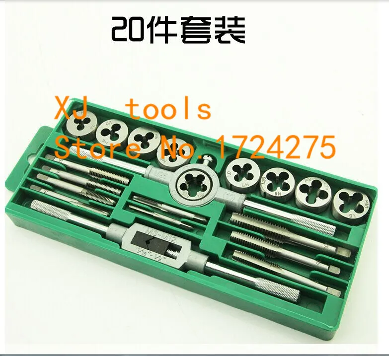 

Free Shipping 20pcs/set tap and die set M3~M12 Screw Thread Metric Plugs Taps & Tap wrench &Die wrench,screw taps Hand Threading