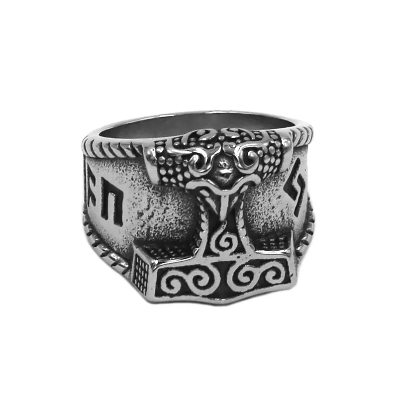 

Norse Viking Myth Thor Hammer Ring Stainless Steel Jewelry Classic Tribal Celtic Knot Wolf Biker Men Ring Wholesale SWR00919A