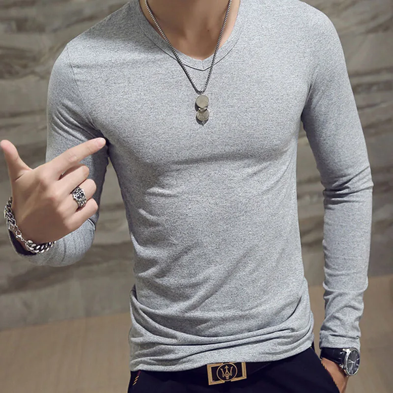 v neck grey Теннисные футболки, мужские футболки с длинным рукавом, спортивная одежда, фитнес футболки для мужчин, облегающие футболки, Дизайнерские однотонные футболки, топы YC901795 - Цвет: v neck grey