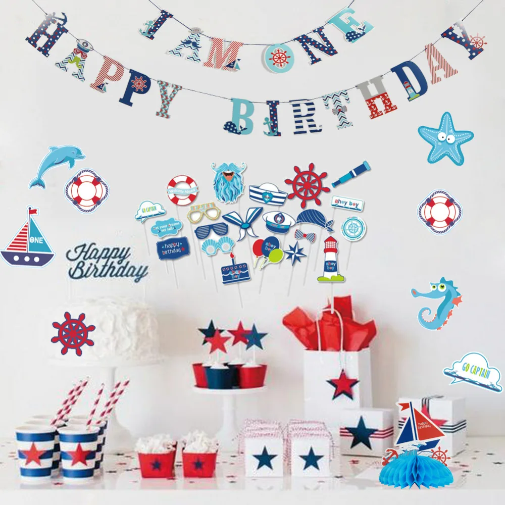 

Ahoy Boy Nautical Sailboat Birthday Party Cupcake Topper Photo Props Happy Birthday Banner Baby Shower 1st Birthday Decor