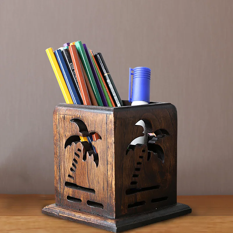 

Creative retro European-style solid wood students office supplies storage pen holder desktop red wood pen holder
