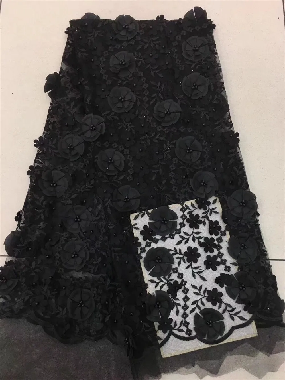Черные Сетчатые французский шнур кружева с бисером 3d цветок вышитого тюля