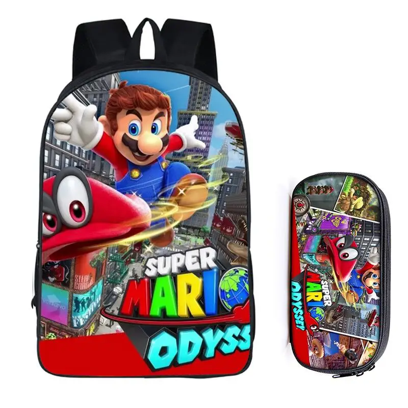 2Pcs Mario 18 16 дюймов Mario Bros Sonic the Hedgehog, школьная сумка для детей, рюкзак для мальчиков, детские школьные наборы, сумка-карандаш, школьная сумка для малышей - Цвет: 2Pcs Mario 18