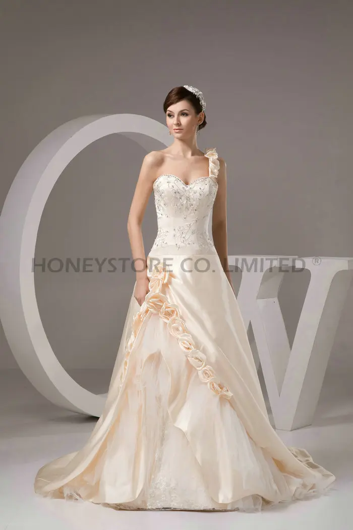 Wedding Dress Short Lace Dresses Satin Weddings A-Line Court Train Embroidery Sweetheart One Shoulder Sleeveless Dro 2015 Outlet |