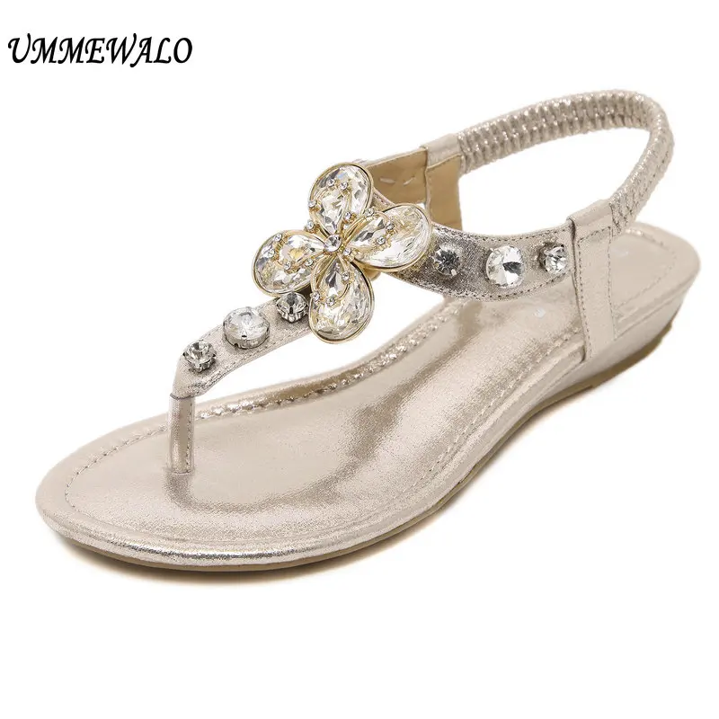 

UMMEWALO Sandals Women Summer Rhinestone Heel T-strap Flip Flops Beach Thong Wedge's Shoes