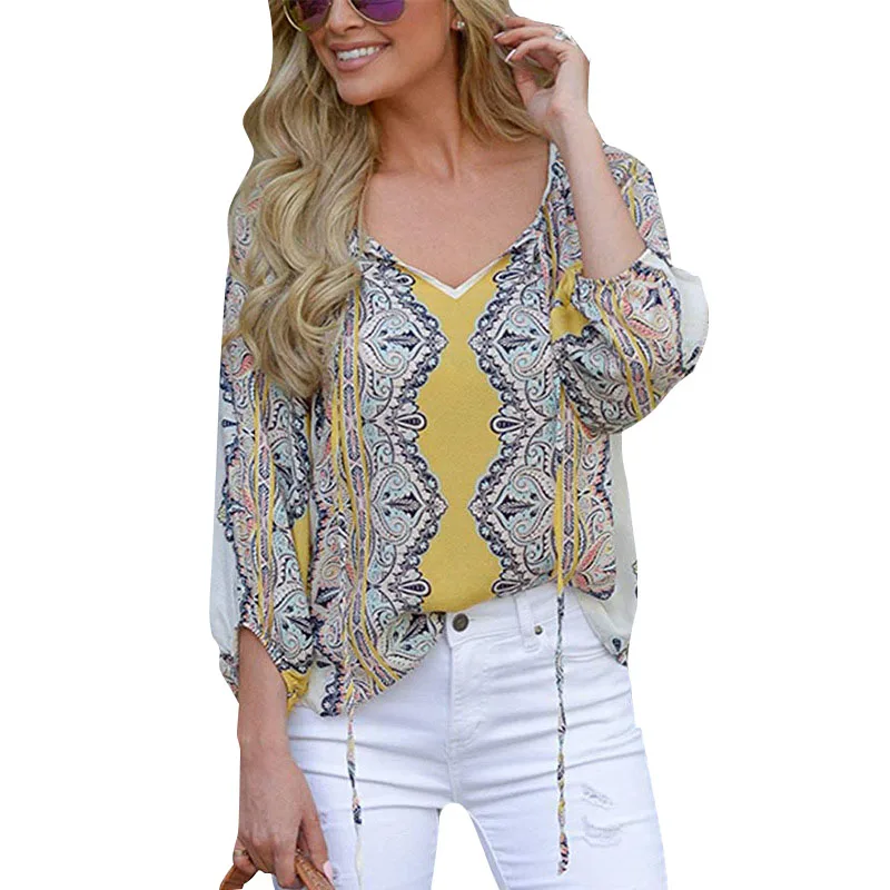 New Hot Women Fashion V Neck Tassel Tie Long Sleeve Boho Floral Print Blouse Ladies Casual Vintage Loose OL Shirts Baggy Tops |