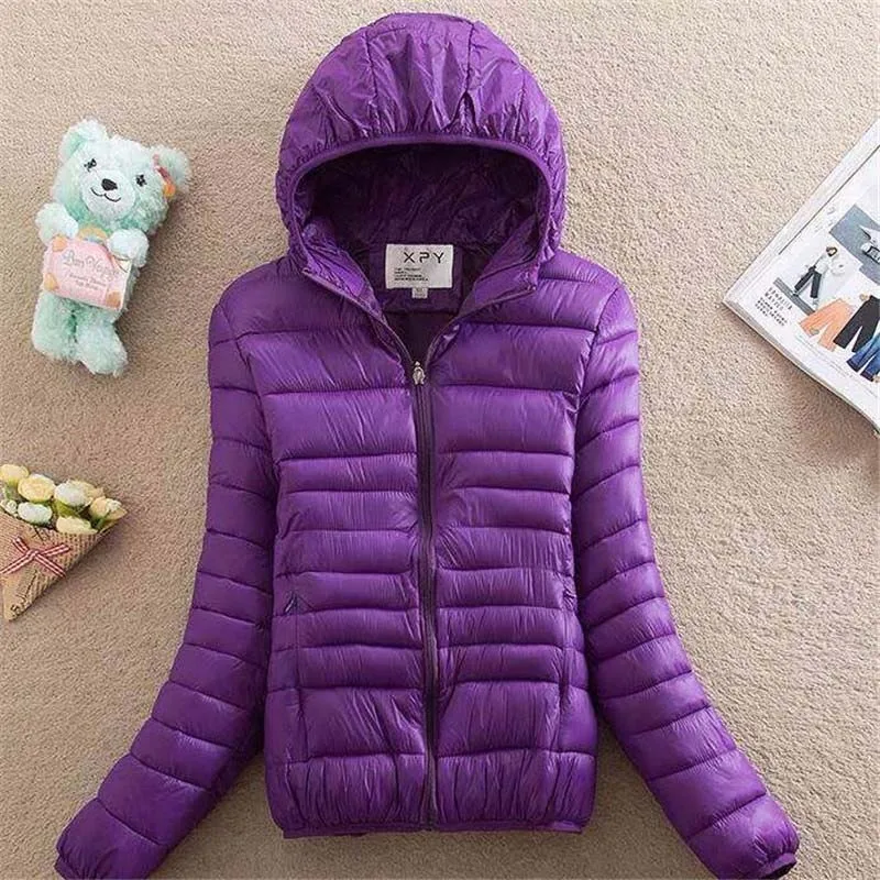 purple Женские однотонные куртки на осень и зиму, пальто с капюшоном, женская модная тонкая куртка-светильник, женские хлопковые парки с подкладкой, Повседневная Базовая куртка - Цвет: purple