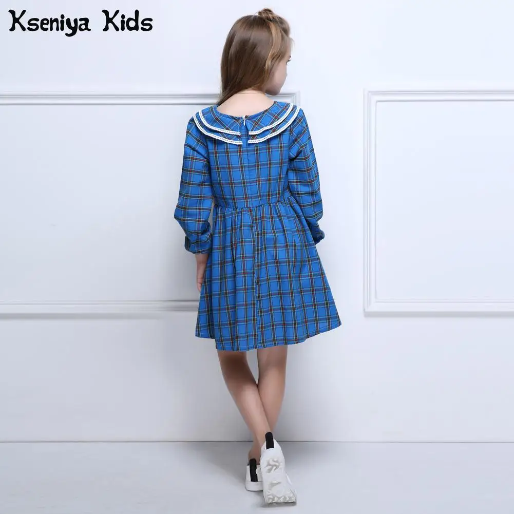 Kseniya Kids/осень-зима; детское платье для маленьких девочек в синюю клетку в английском стиле; милое повседневное хлопковое платье; платья с длинными рукавами для девочек