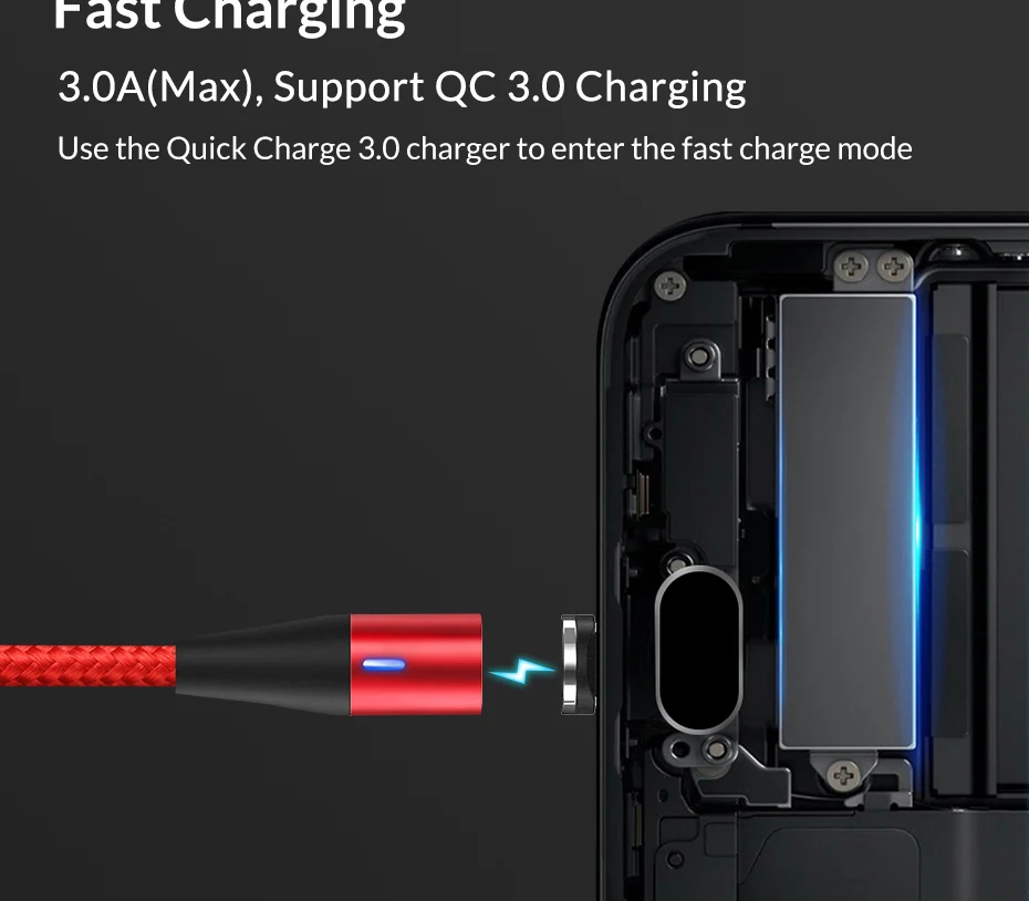 TOPK 1M 3A светодиодный магнитный usb-кабель для быстрой зарядки и передачи данных для iPhone X 8 type-C кабель Micro USB кабель для Redmi Note 7