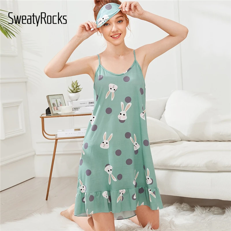 SweatyRocks/платье на бретельках с принтом кролика, с маской для глаз, лето, зеленая ночная рубашка с рюшами, ночная рубашка без рукавов, ночные платья