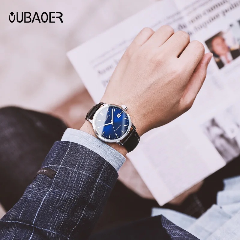 Мужские часы бренд oubaoer мужские из натуральной кожи механические Автоматические
