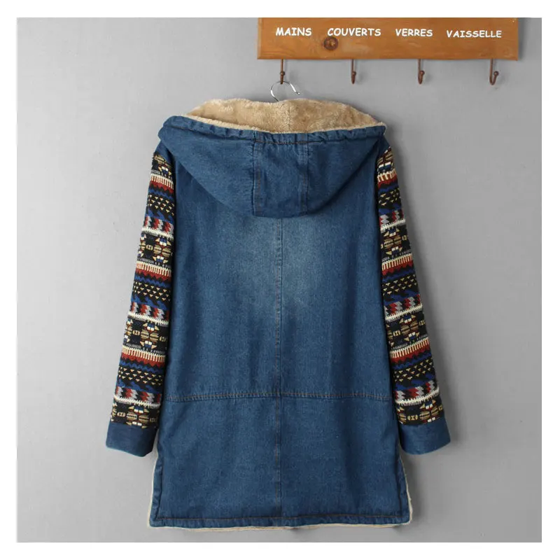 Women Denim Coat Winter 2022 Casual Print Patchwork Plus Velvet Thick Warm Loose Tops Outerwear Long Cotton Padded Jacket Female