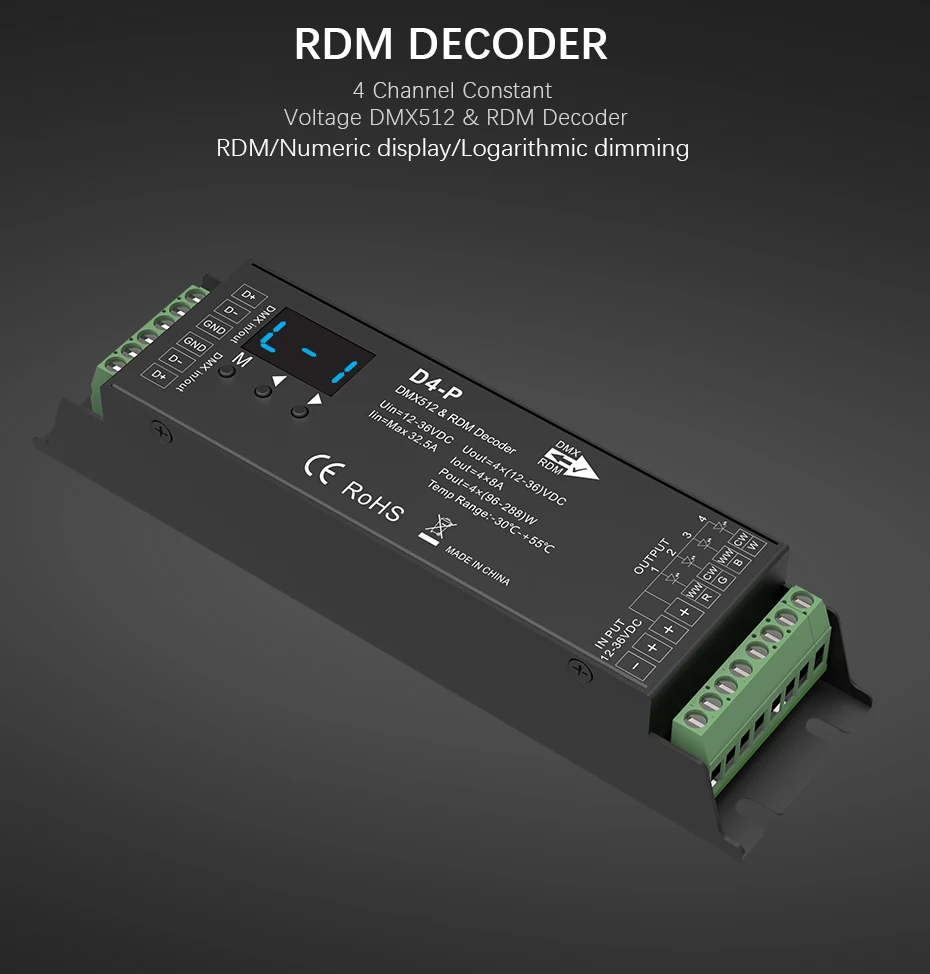DC12-36V 4 канала 8А 1152 Вт постоянное напряжение DMX512& RDM декодер для светодиодных лент rgbw