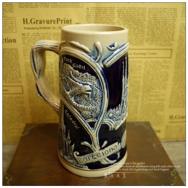 2016 New Arrival Ceramic German Beer Mug Spain Building Hand Painted Mugs Embossed Pattern Coffee Cup 15*19cm | Дом и сад