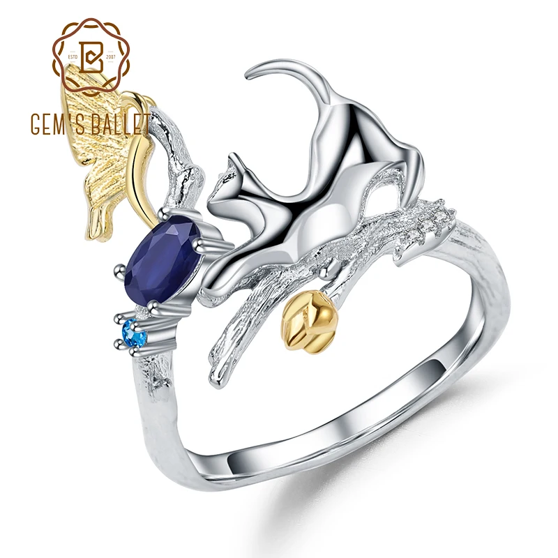 GEM'S BALLET 0.30Ct Натуральный Синий сапфир кошка и бабочка кольца настоящее 925 пробы Серебряное регулируемое Открытое кольцо для женщин ювелирные изделия