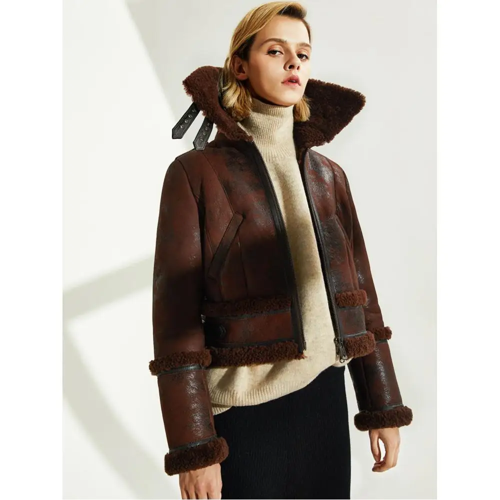 Denny&Dora Women's Leather Winter Warm Short Shearling Jacket Motorcycle Leather Fur Jacket