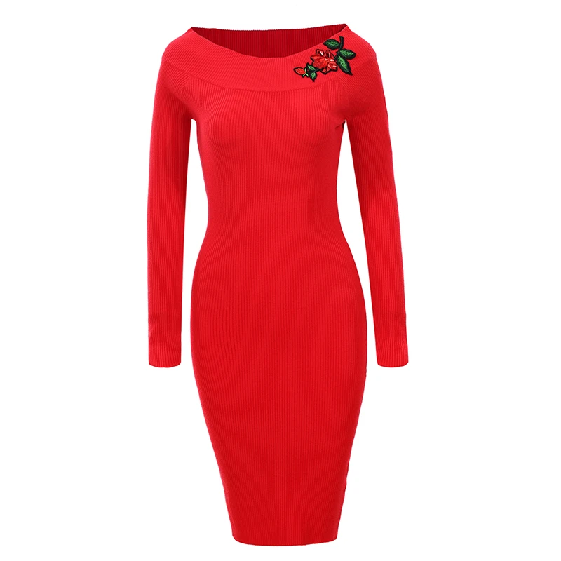 

GLO-STORY Women Embroidered Pullover Sweater Dress 2018 Autumn Winter Elegant Vintage Solid Party Bodycon Robe Dresses Vestidos