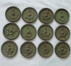 12piece/lot Collectible Chinese Old Bronze Carved 12 Animals Coin /Zodiac Figurines Free shipping