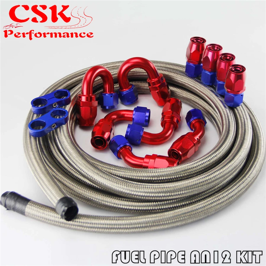 

12AN Stainless Steel Braided Oil Fuel Line 16ft + Fitting Hose End Adaptor Kit