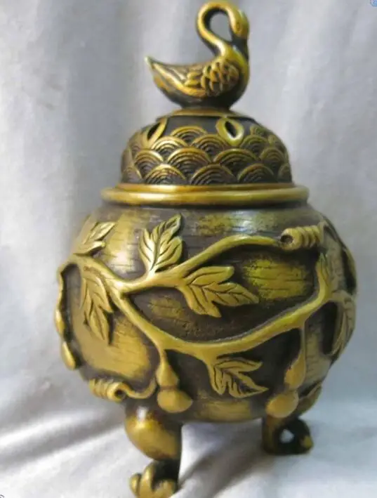 

8" China pure brass fine workmanship carved duck bottle gourd incense burner ST