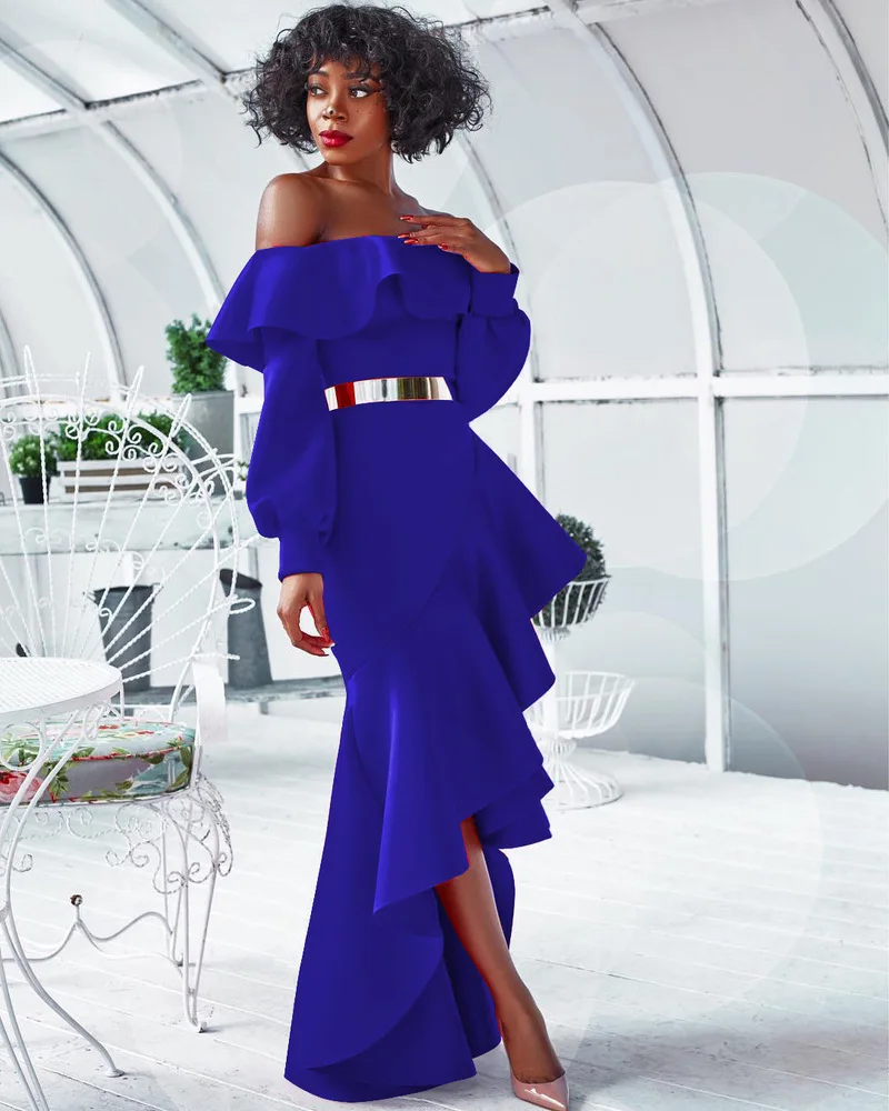 Официальное женское длинное платье привлекательное асимметричное с оборками и