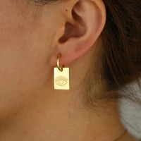 charm hoop earring vintage women jewelry gold filled engrave evil eye signet square tag drop earrings