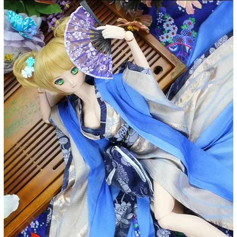 BJD кукла OOAK синий плавающий вентилятор Япония Кимоно Стиль для 1/4 17 &quot44 см высокий