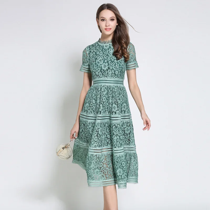 

Europe and the United States 2018 summer women's new European and American elegant slim large color long lace dress