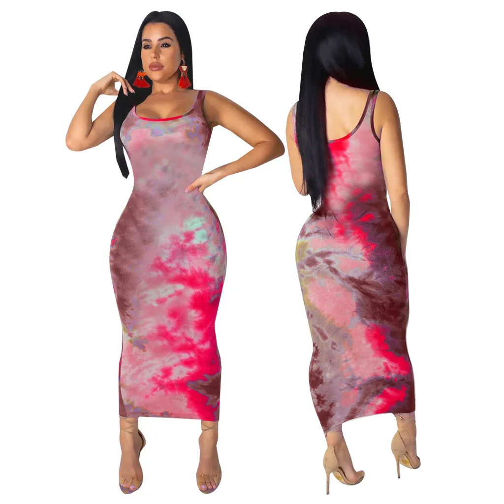 2019 летние женские пляжные Длина по щиколотку без рукавов Bodycon Tie dyed печати Макси