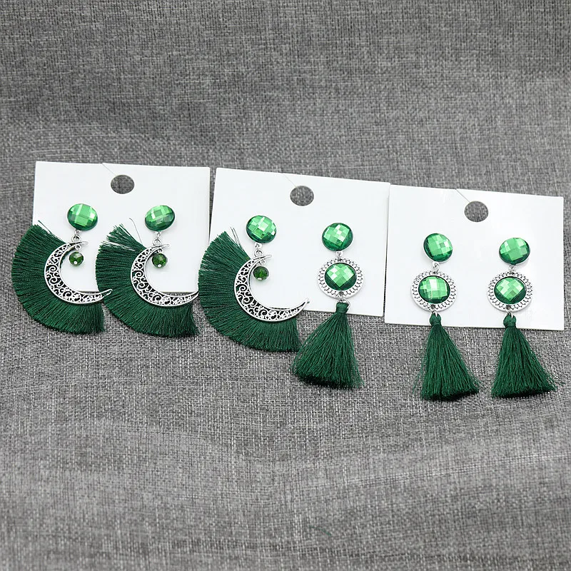 free shipping Vintage Ethnic Handmade Green Tassel stud Earrings For Women Bohemian Moon Fashion Party Jewelry | Украшения и