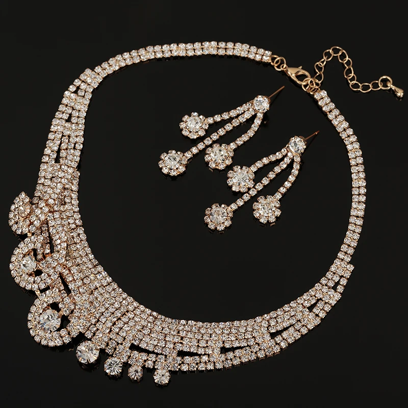 YFJEWE Новая мода стразы цепочка ожерелье серьги наборы для женщин свадебное платье