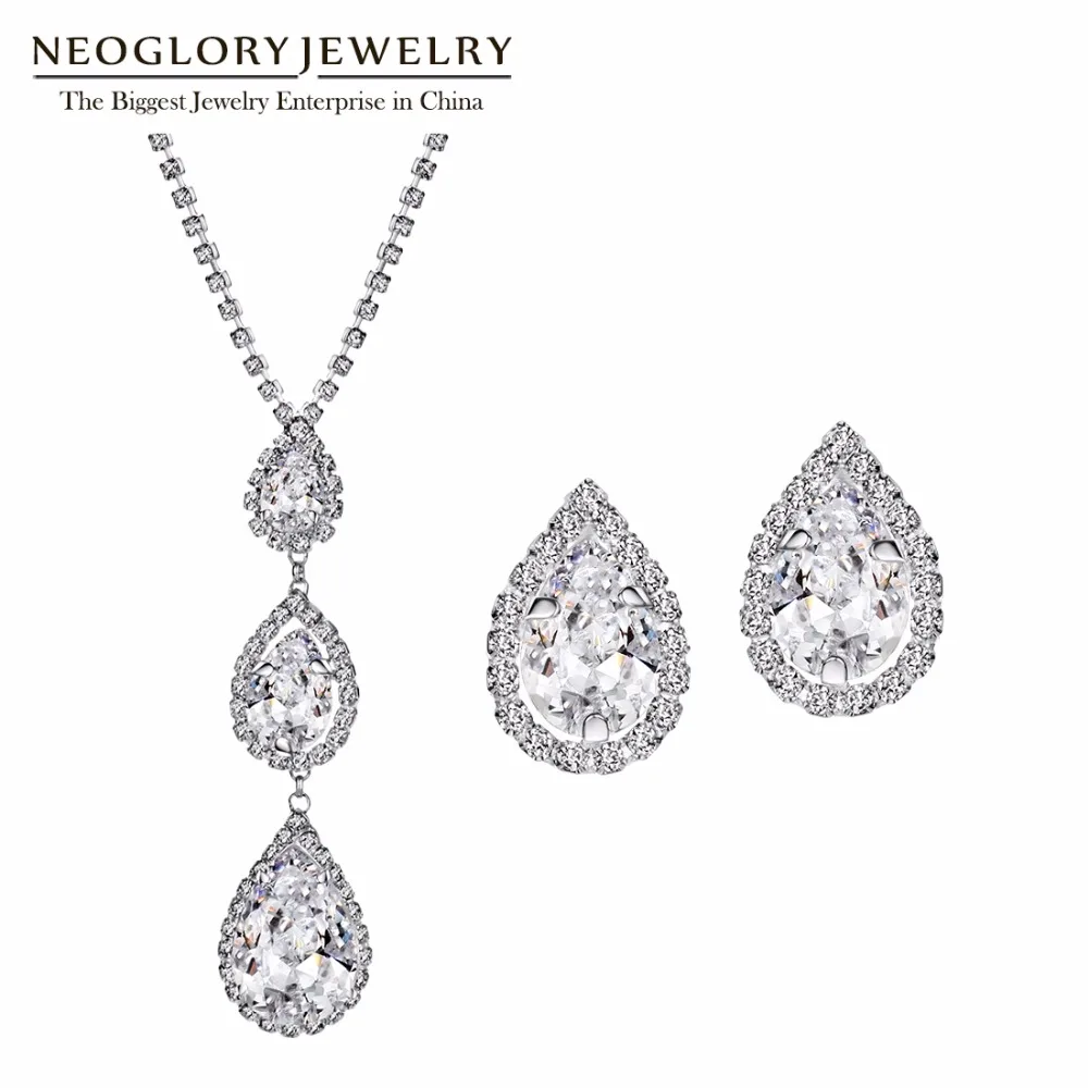 Neoglory Циркон Чешские стразы капли воды ожерелье серьги Свадебные Ювелирные