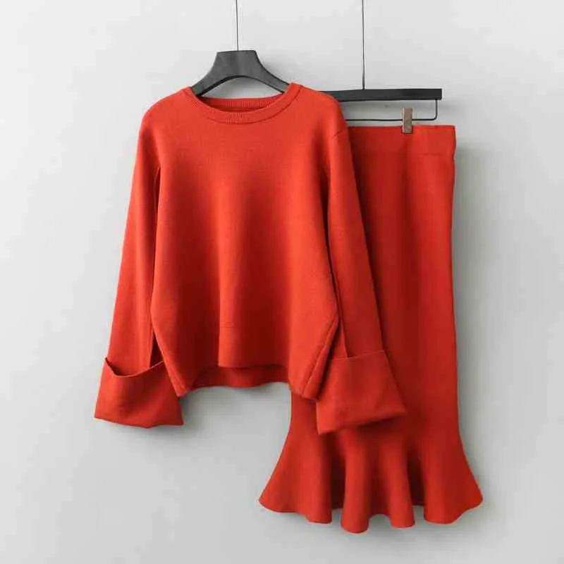 Autumn Jumper Sweater Women Office Elegant Knitted Pullover + Pencil Skirt 2pcs Suits Tops And Long Skirts Sets C3674 | Женская одежда