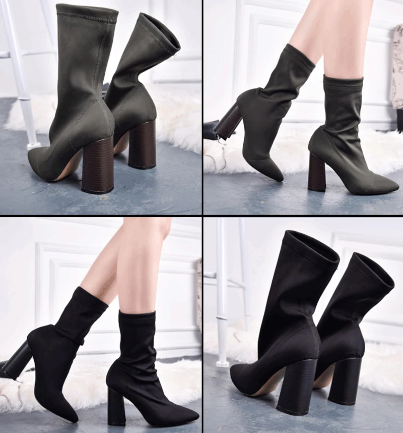 Baimier/черные женские сапоги-носки узкие Стрейчевые ботильоны для женщин ботинки на высоком квадратном каблуке модная женская обувь в уличном стиле