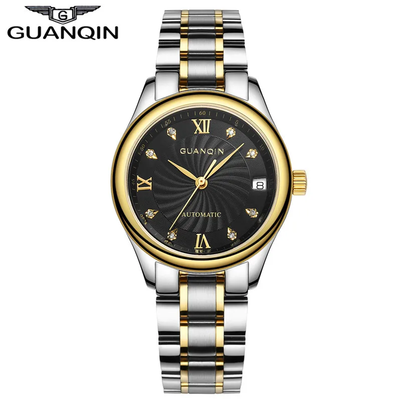 black gold GUANQIN часы женские механические часы автоматические бриллиантовые водонепроницаемые часы сапфировые женские наручные часы женские Стразы Часы - Цвет: black gold