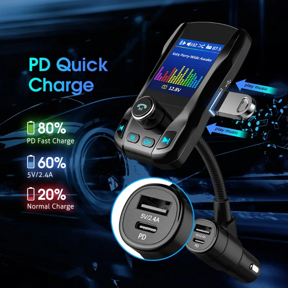 1,8 ''дисплей Bluetooth Автомобильный передатчик PD& QC3.0 беспроводной радио адаптер аудио приемник 5 режимов эквалайзера Поддержка TF карты/Aux/u-диск