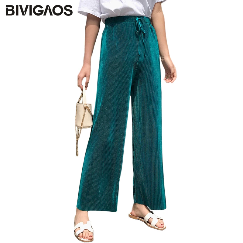 

BIVIGAOS Summer New Women Bright Satin Pleated Wide Leg Pants Korean Casual High Waist Pants Drape Loose Thin Straight Pants