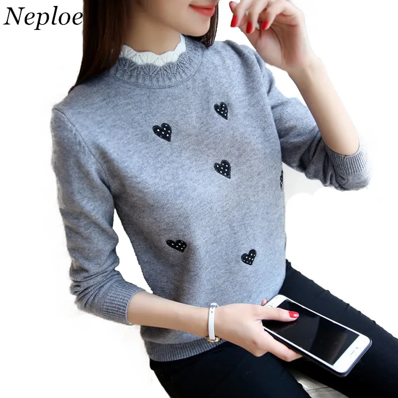 Neploe Autumn New Pullover Short Knitted Tops Women Korean Lace Collar Sweater Lady Embroidery Temperament Slim Knitwear 65958 | Женская