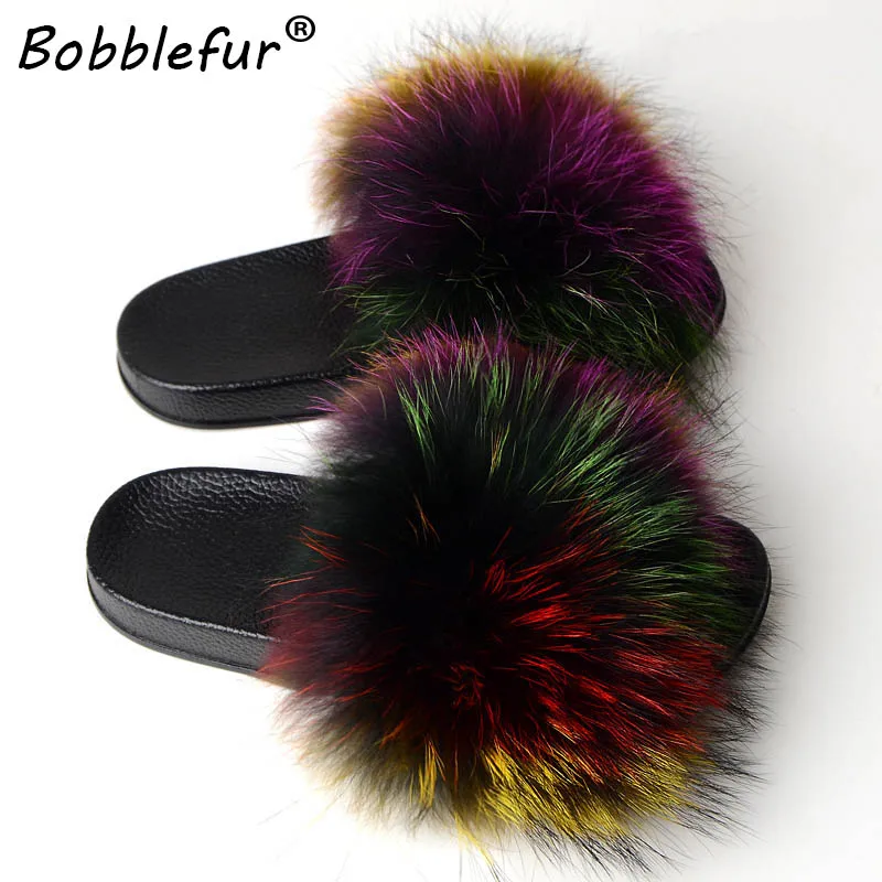 Ms.bobblefur Women Flip Flops Furry Indoor Natural Fox Fur Slipper Luxury Fluffy Plush Shoes FREE shipping | Обувь