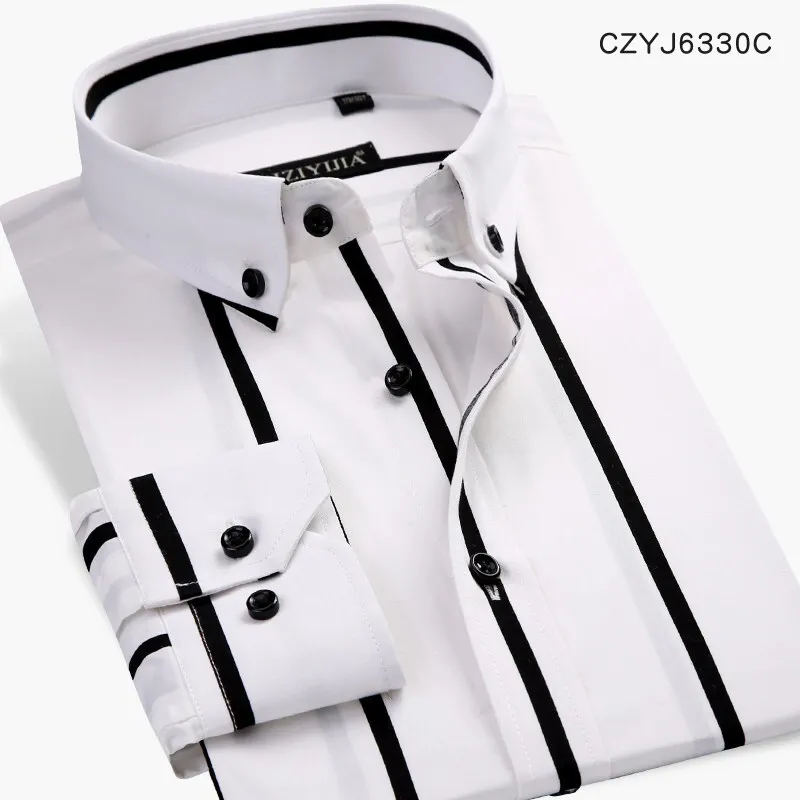 CZYJ6330C Мужские контрастные черные/белые широкие полосатые рубашки удобные хлопковые Смарт повседневные приталенные рубашки с длинным рукавом на пуговицах - Цвет: CZYJ6330C
